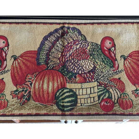 Thanksgiving Autumn Turkeys & Pumpkins Cotton Tapestry 13”x72” Table Runner - Picture 2 of 4